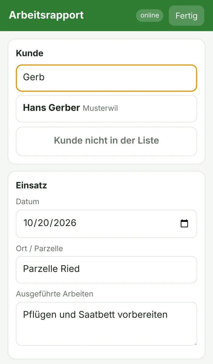 Neuer Arbeitsrapport auf dem Handy